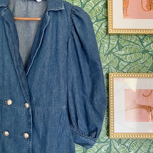 Zara | Double Breasted Puff Sleeve Denim Mini Dress XS Ruffle - Picture 4 of 6